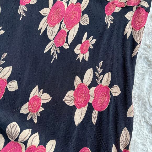 Vintage Y2K abstract rose floral print bias cut ruffle dress black pink Angie S - Picture 9 of 16